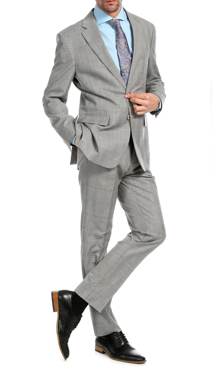 Yves Light  Grey  Plaid Check Men'S Premium 2PC Premium Wool Slim Fit Suit