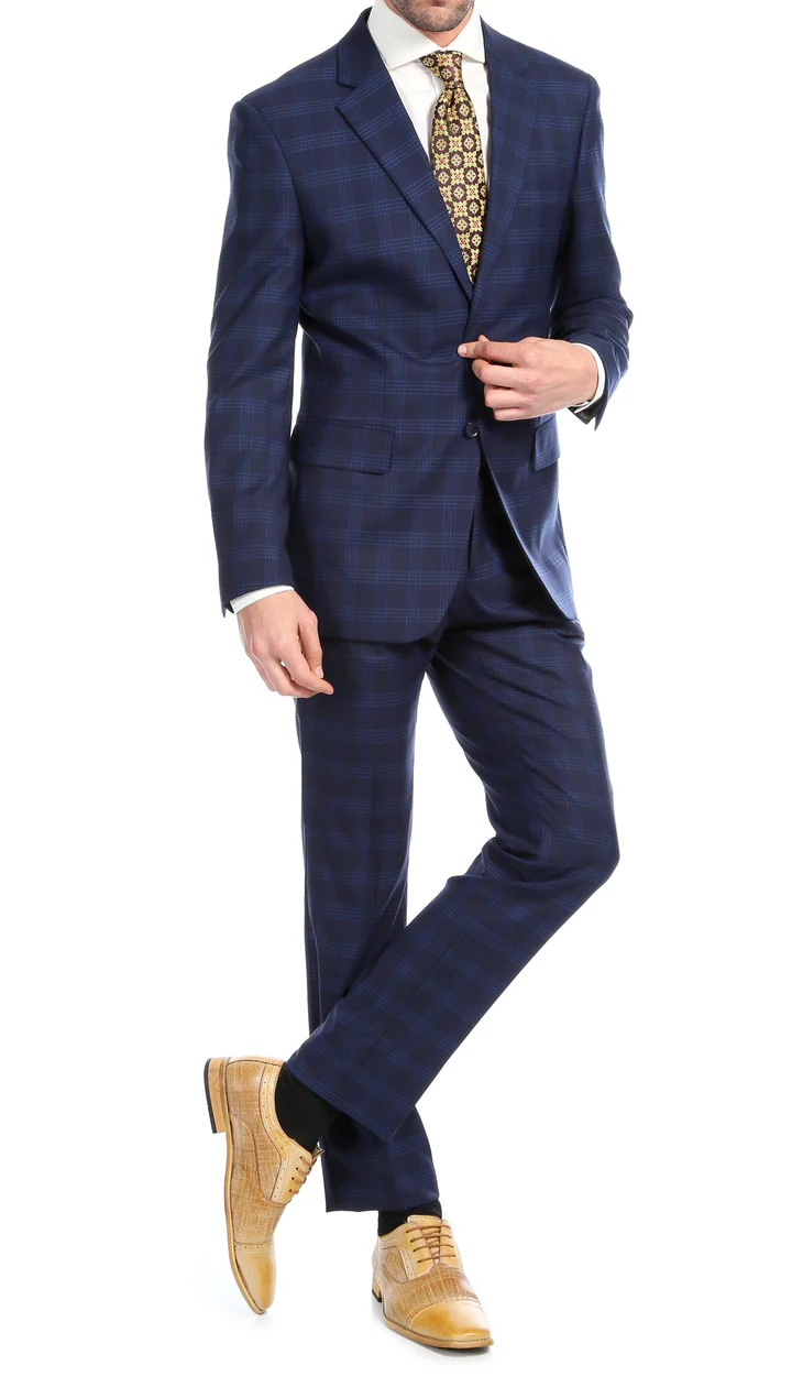 Yves Navy Blue Plaid Check Men'S Premium 2PC Premium Wool Slim Fit Suit - 38 Short Jacket+32 Waist Adjustable 28to34)(Height: 5 4 to5 7 )(Neck  15-16.5)S-M)