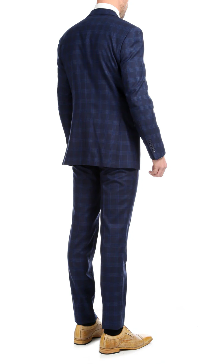 Yves Navy Blue Plaid Check Men'S Premium 2PC Premium Wool Slim Fit Suit - 38 Short Jacket+32 Waist Adjustable 28to34)(Height: 5 4 to5 7 )(Neck  15-16.5)S-M)