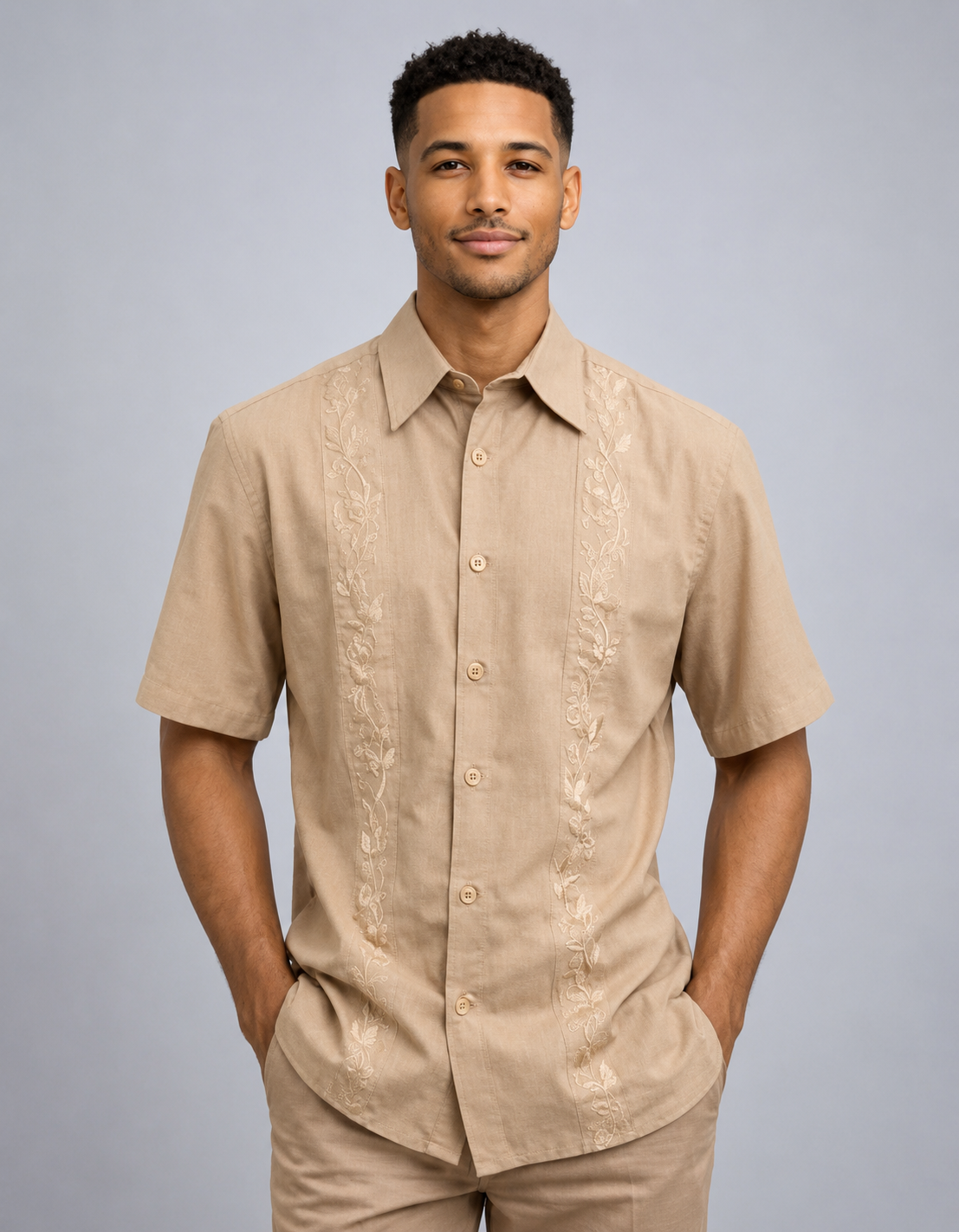 Men’s Sand Beige Embroidered Walking Suit Set – 2 Piece Short Sleeve Casual Outfit - S