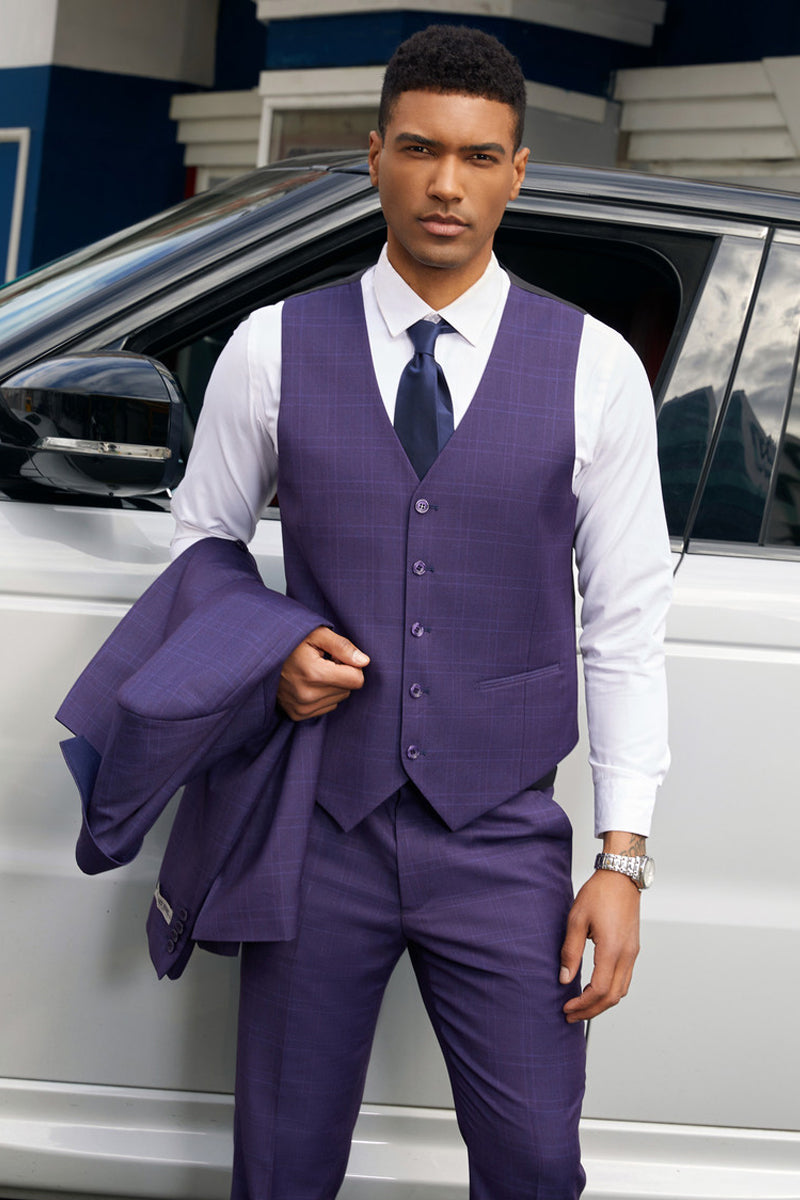"Stacy Adams Suit Men's Dark Purple Plaid Two Button Vested Business Suit"