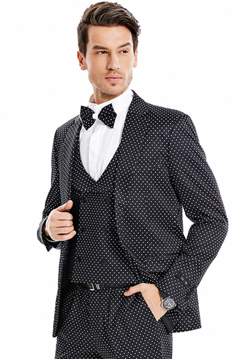 "Men's Black & White Mini Polka Dot Prom Suit - One Button Vested"