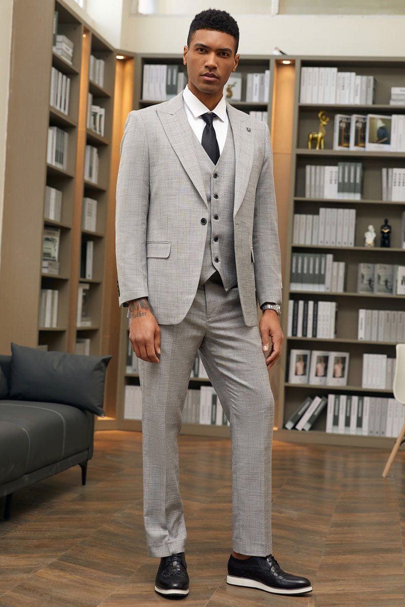 "Stacy Adam's Suit Men's Grey Windowpane Plaid Suit - One Button, Peak Lapel, Vested"
