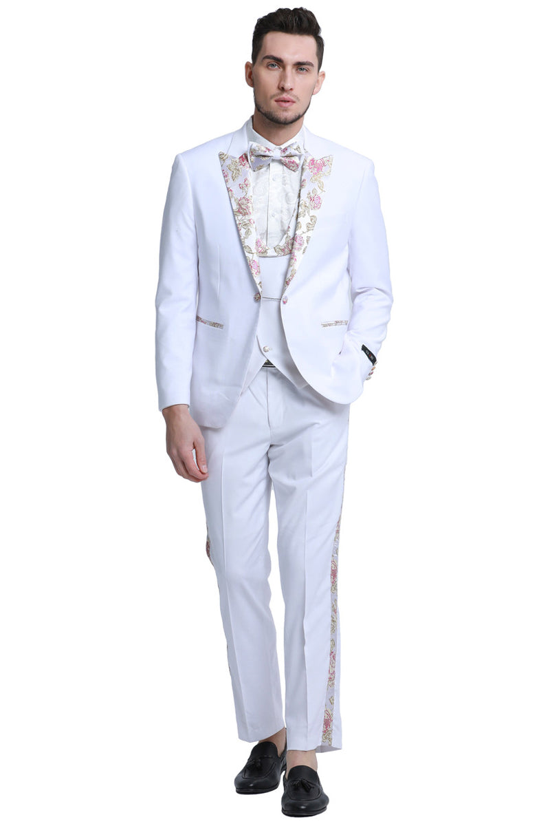 "White Floral Lapel Men's Tuxedo - One Button Vested for Prom & Wedding"