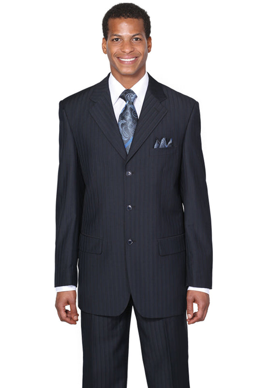 "Classic Fit Men's 3-Button Navy Blue Pinstripe Suit"