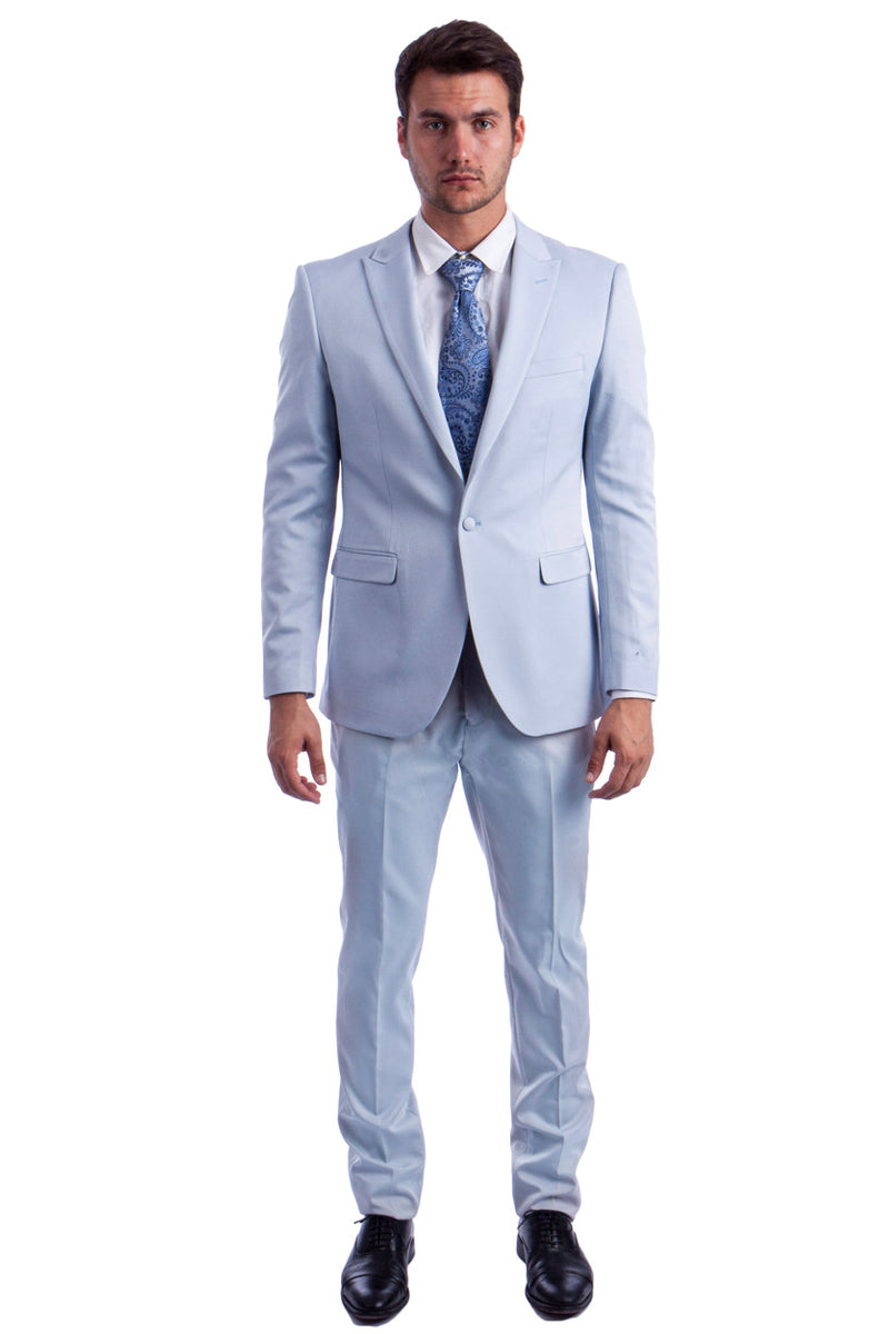 "Light Blue Slim Fit Suit for Men - One Button Peak Lapel Basic"