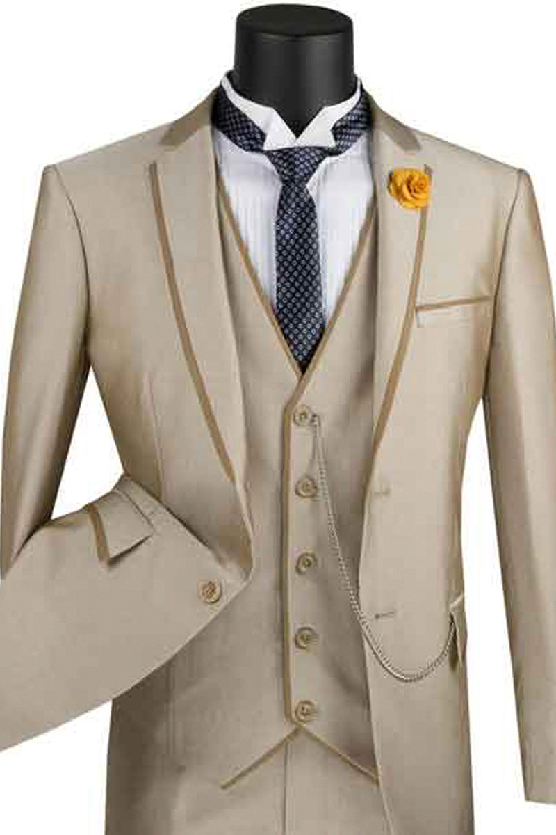 Mens Ultra Slim Fit Vested Suit with Trim in Taupe - 36 Short