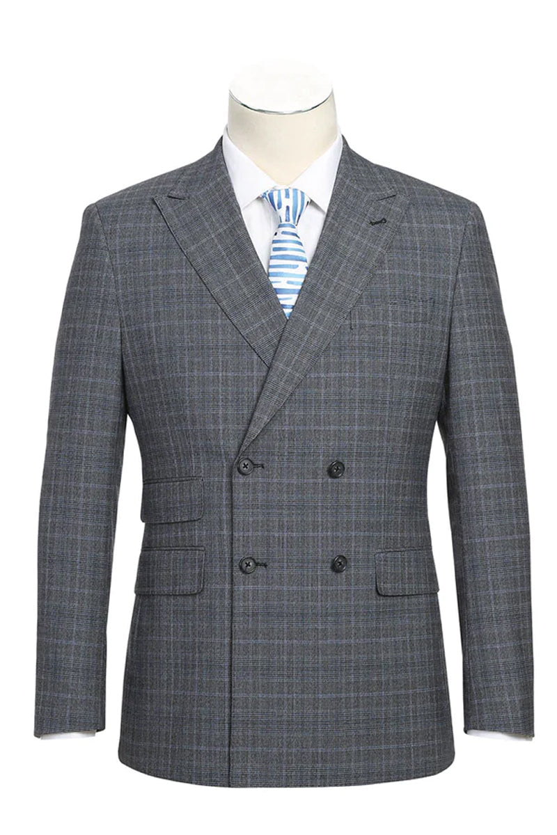 Mens Designer Slim Fit Double Breasted Suit in Light Grey Windowpane Plaid Check - 36S