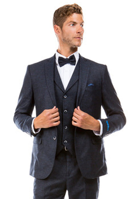 Navy Blue Vintage Tweed Wedding Suit for Men - Two Button Vested Style