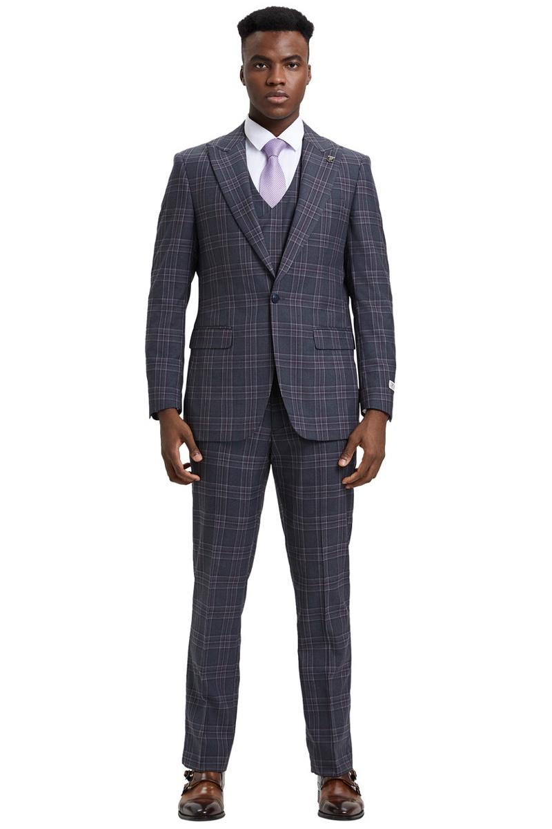 Men's Stacy Adams One Button Peak Lapel Double Breasted Vest Suit in Charcoal Grey Plaid - 38 Regular
