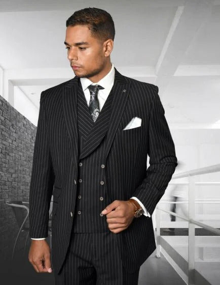 Statement Men's 3 Piece 100% Wool Suit - Fashion Pinstripe - 38 Regular