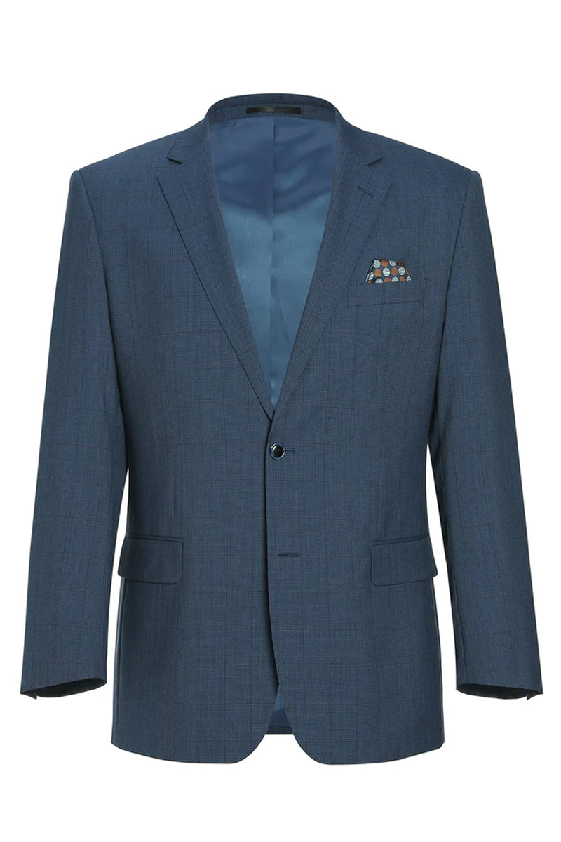 "Classic Fit Wool Sport Coat Blazer for Men - Steel Blue Windowpane Plaid"