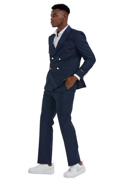 "Navy  Men's Slim Fit Double Breasted Wedding Suit with Gold Buttons" blue