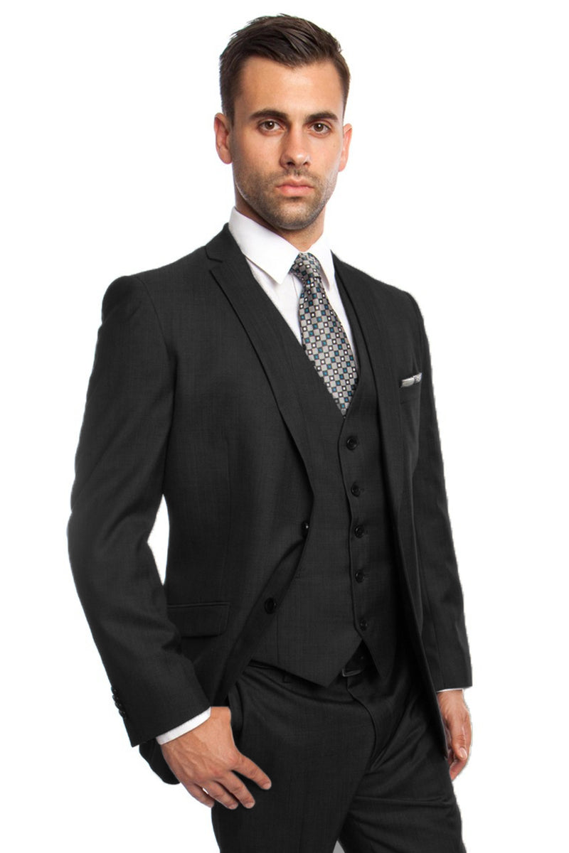 "Black Sharkskin Men's Business Suit - Two Button Vested Style"