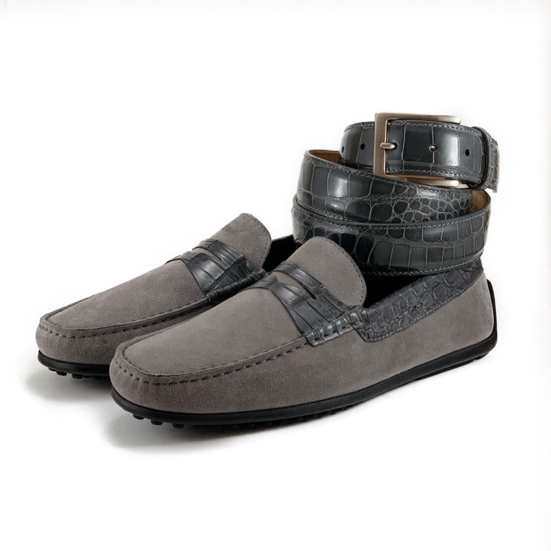 Zelli Monza Suede and Caiman Crocodile Driving Loafers in Gray
