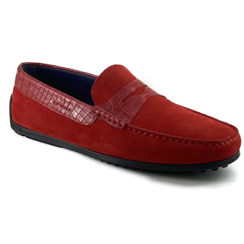 Zelli Monza Suede and Caiman Crocodile Driving Loafers in Red