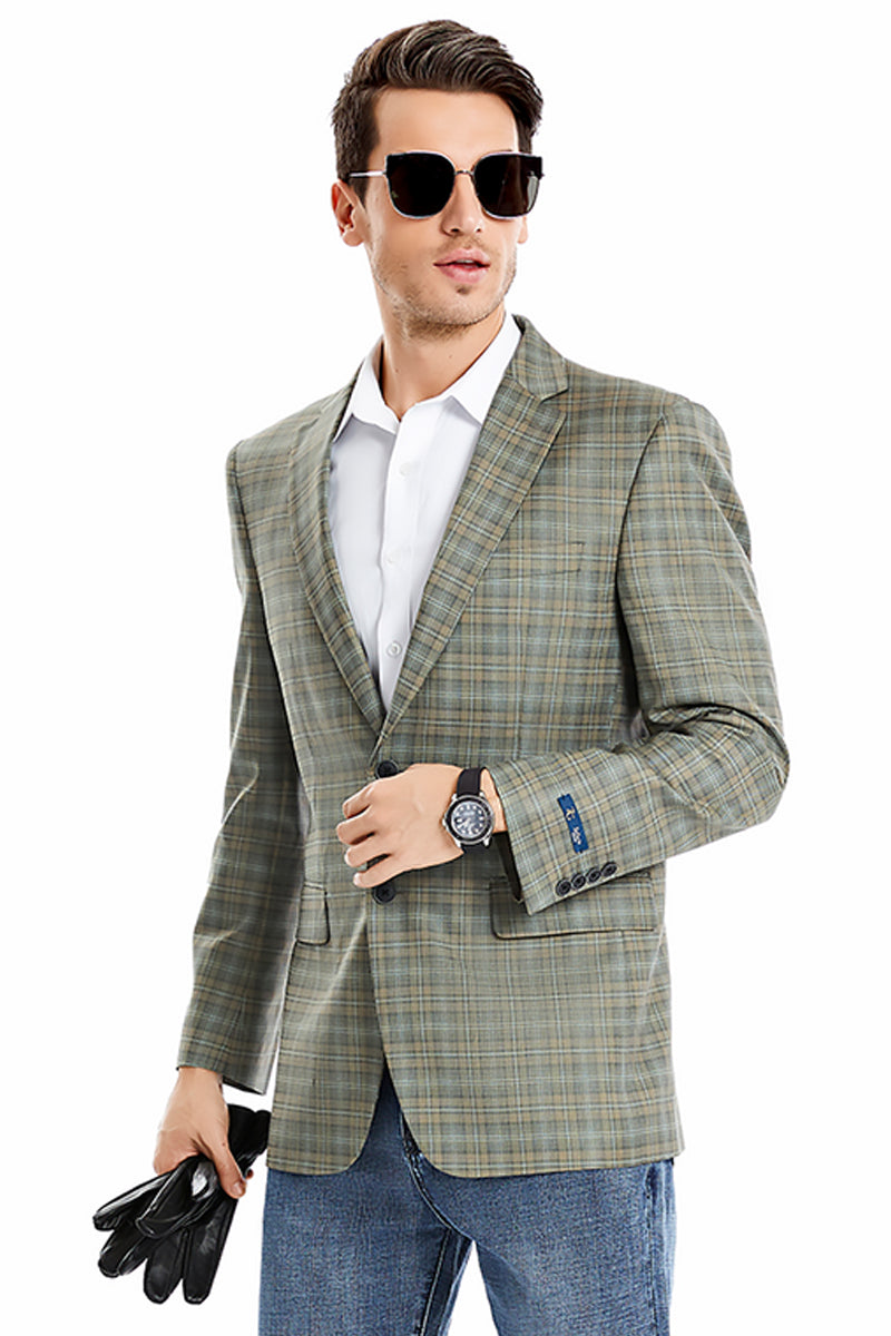 "Men's Regular Fit Windowpane Plaid Sport Coat - Two Button Blazer in Olive Green" - 34 Short