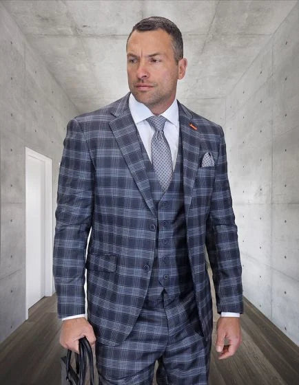 Modern Fit Statement Mens 3-Piece 100% Wool Modern Fit Suit Sharp Plaid Pattern