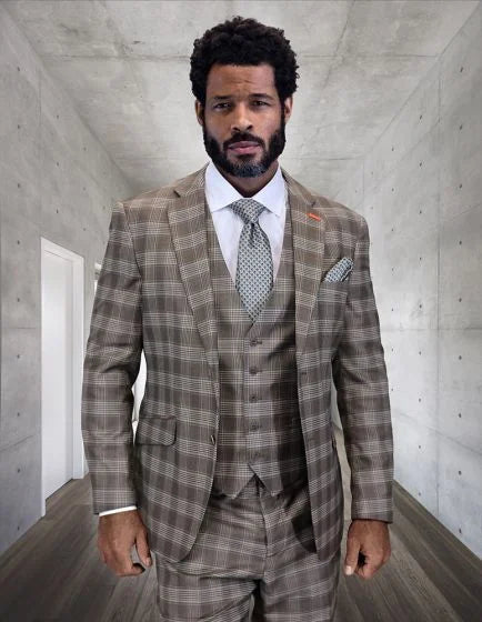 Modern Fit Statement Mens 3-Piece 100% Wool Modern Fit Suit Sharp Plaid Pattern
