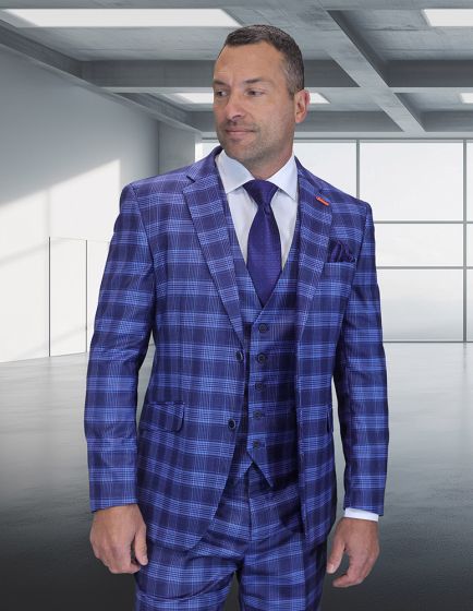 Modern Fit Statement Mens 3-Piece 100% Wool Modern Fit Suit Sharp Plaid Pattern