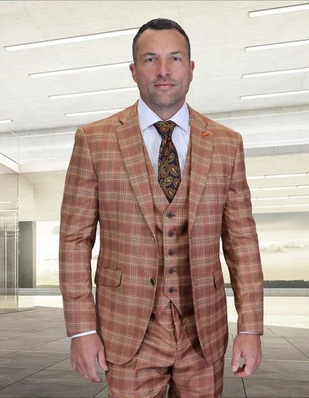 Modern Fit Statement Mens 3-Piece 100% Wool Modern Fit Suit Sharp Plaid Pattern