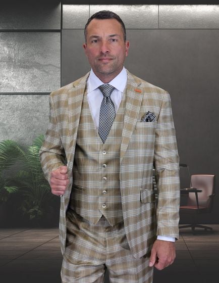 Modern Fit Statement Mens 3-Piece 100% Wool Modern Fit Suit Sharp Plaid Pattern