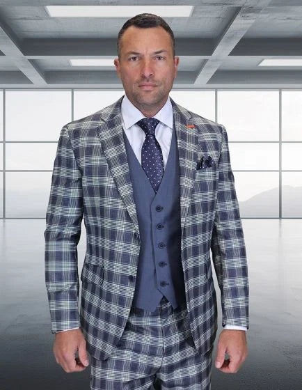 Modern Fit Statement Mens 3-Piece 100% Wool Modern Fit Suit Coordinating Solid Color Vest