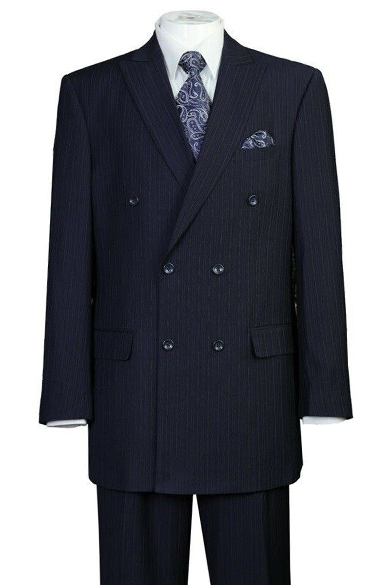 "Double Breasted Peak Lapel Men's Suit - Classic Navy Blue Pinstripe" - 38 Long