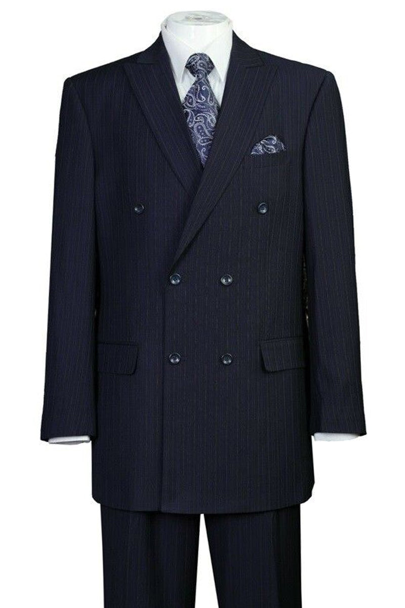 "Double Breasted Peak Lapel Men's Suit - Classic Navy Blue Pinstripe"