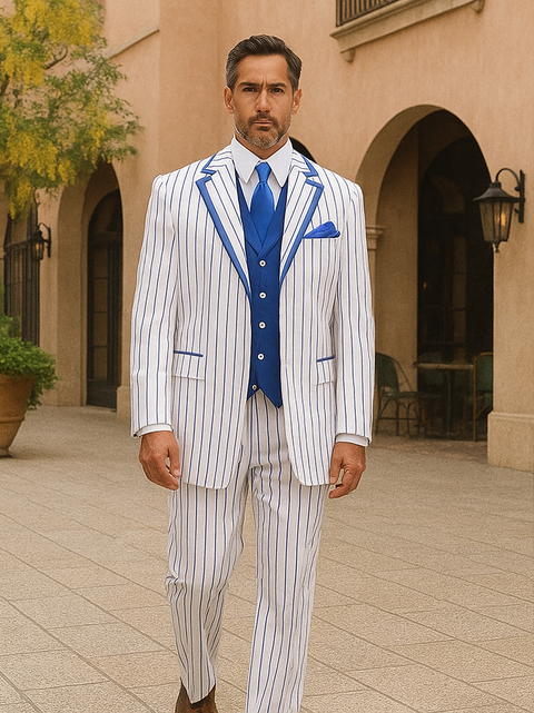 Zoot Suit - Mens 3 Button Vested Barbershop Quartet White with Royal Blue Pinstripes Suit