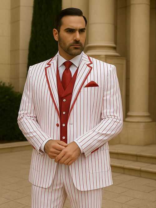Zoot Suit - Mens 3 Button Vested Barbershop Quartet White with Red Pinstripes Suit
