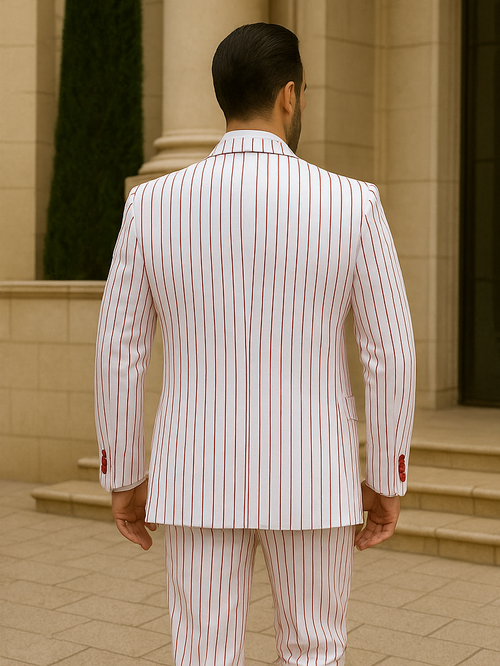 Zoot Suit - Mens 3 Button Vested Barbershop Quartet White with Red Pinstripes Suit