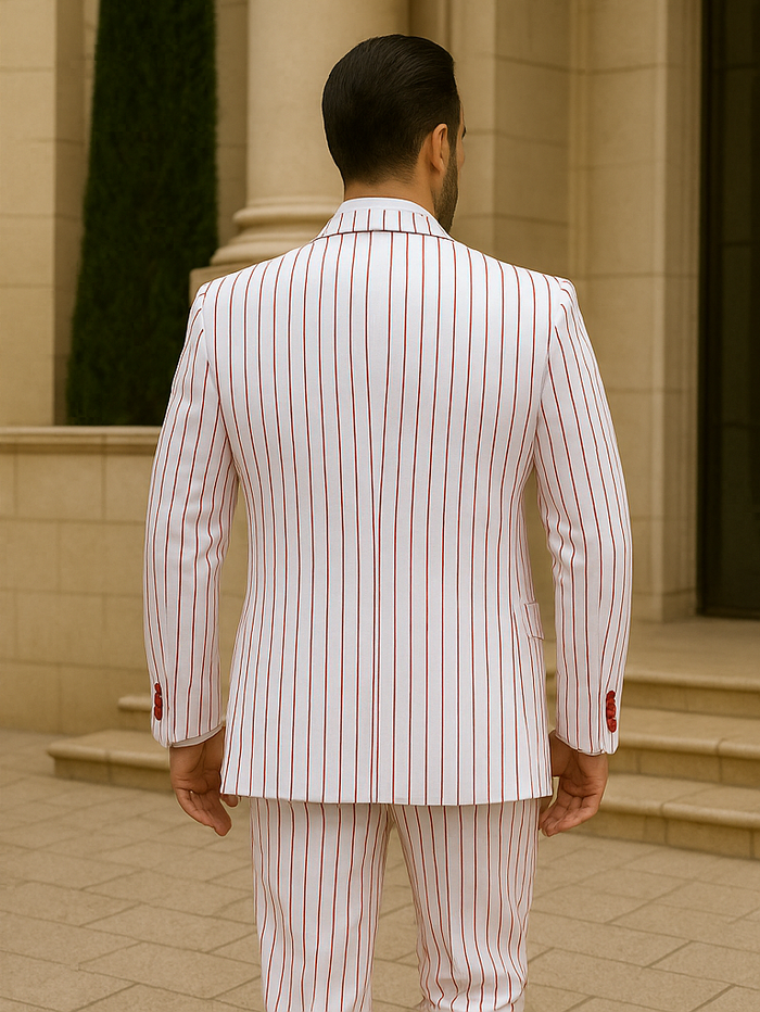 Zoot Suit - Mens 3 Button Vested Barbershop Quartet White with Red Pinstripes Suit