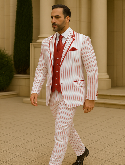 Zoot Suit - Mens 3 Button Vested Barbershop Quartet White with Red Pinstripes Suit