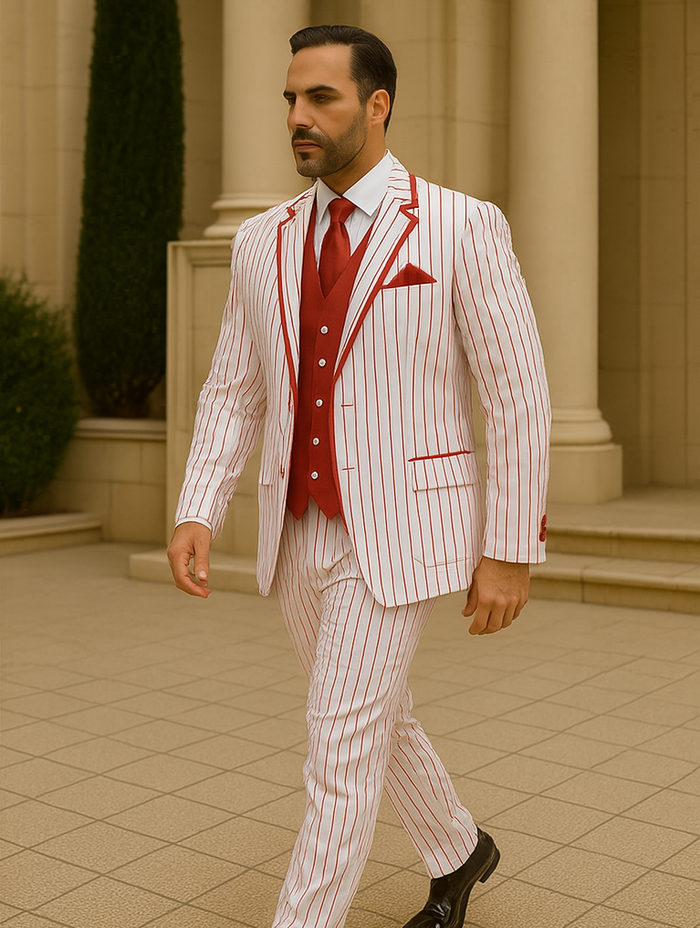 Zoot Suit - Mens 3 Button Vested Barbershop Quartet White with Red Pinstripes Suit