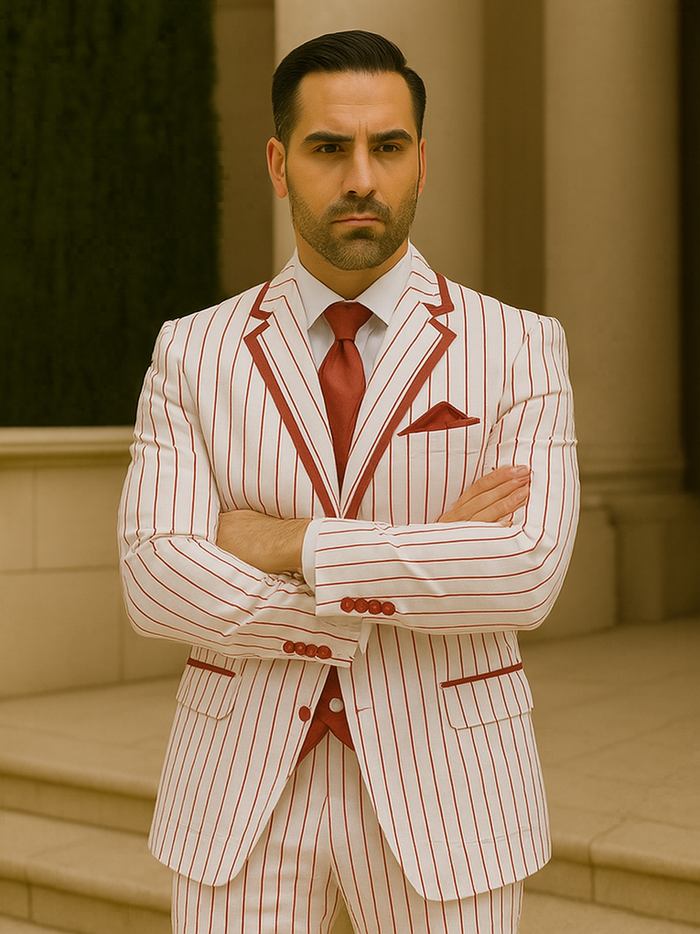 Zoot Suit - Mens 3 Button Vested Barbershop Quartet White with Red Pinstripes Suit