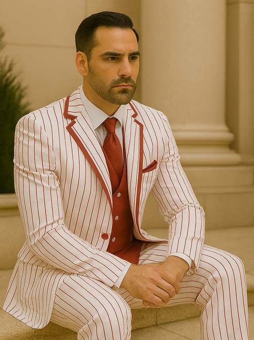 Zoot Suit - Mens 3 Button Vested Barbershop Quartet White with Red Pinstripes Suit