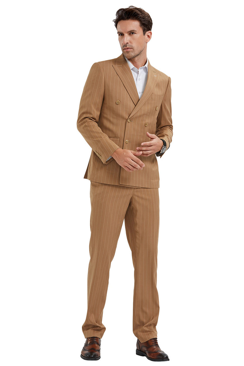 "Men's Slim Fit Pinstripe Suit - Double Breasted Bold Gangster, Camel"