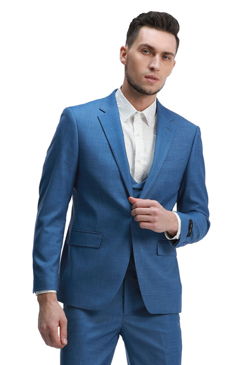"Indigo Blue Sharkskin Wedding Suit: Men's Slim Fit Double Breasted Vest"