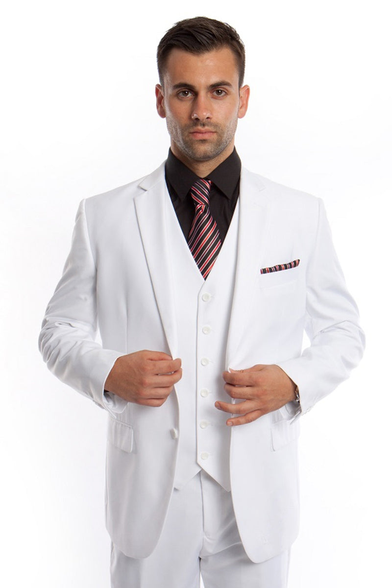 "White Men's Wedding & Business Suit - Vested Two Button Solid Color"