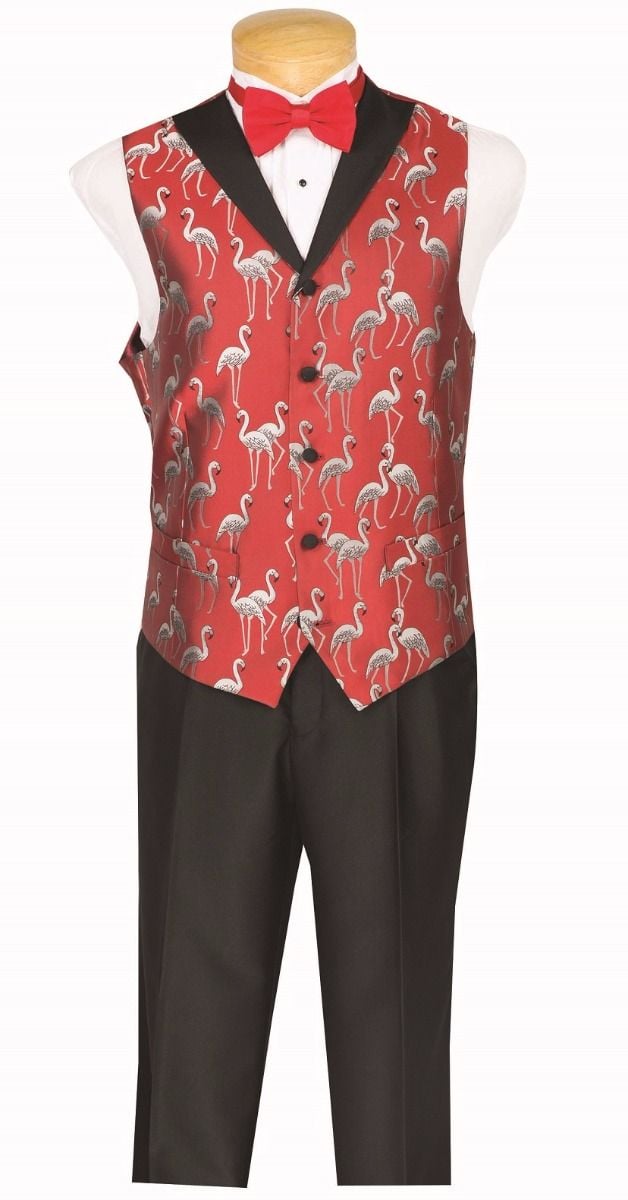 Vinci Men's 3-Piece Elegance Flamingo Pattern Suit - 38 Short Jacket+32 Waist Adjustable 28to34)(Height: 5 4 to5 7 )(Neck  15-16.5)S-M)
