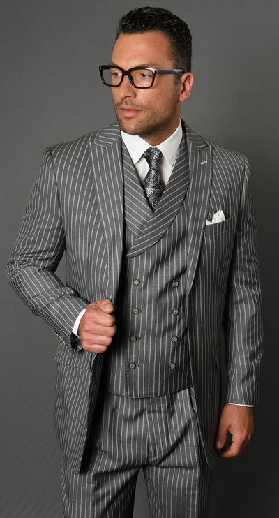 Men's 100% black  Wool 3-Piece Suit - Fashion Pinstripe