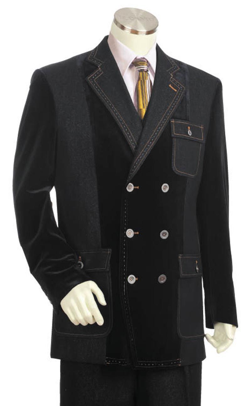 Canto Men's 3-Piece Double Breasted Denim Suit with Velvet Trim - 38 Short Jacket+32 Waist Adjustable 28to34)(Height: 5 4 to5 7 )(Neck  15-16.5)S-M)