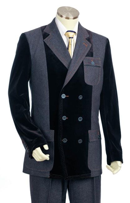 Canto Men's 3-Piece Double Breasted Denim Suit with Velvet Trim - 38 Short Jacket+32 Waist Adjustable 28to34)(Height: 5 4 to5 7 )(Neck  15-16.5)S-M)