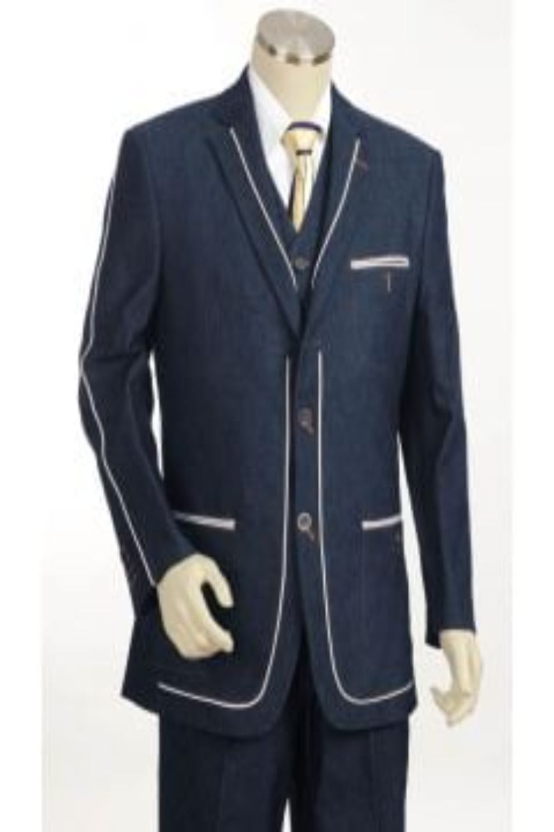 Canto Men's Denim 3 Piece Suit Notch Lapel & Fancy Satin Trim - 38 Short Jacket+32 Waist Adjustable 28to34)(Height: 5 4 to5 7 )(Neck  15-16.5)S-M)