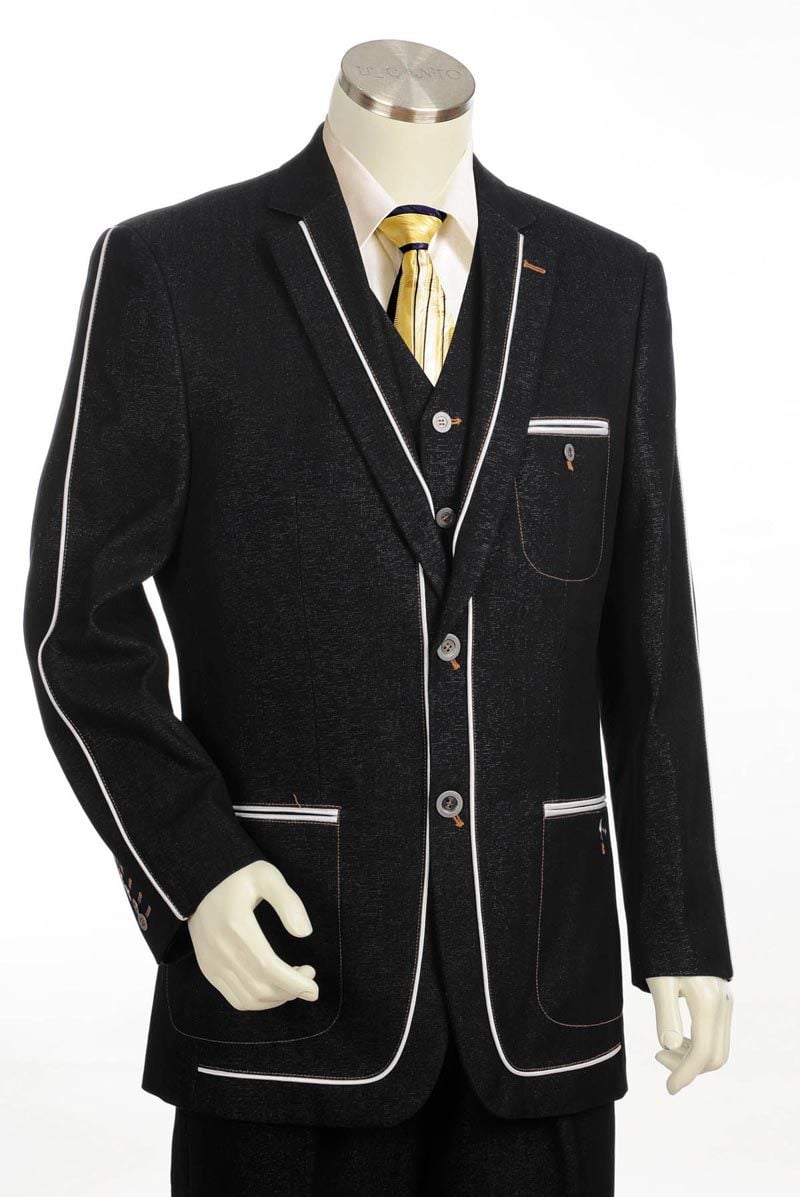 Canto Men's Denim 3 Piece Suit Notch Lapel & Fancy Satin Trim - 38 Short Jacket+32 Waist Adjustable 28to34)(Height: 5 4 to5 7 )(Neck  15-16.5)S-M)