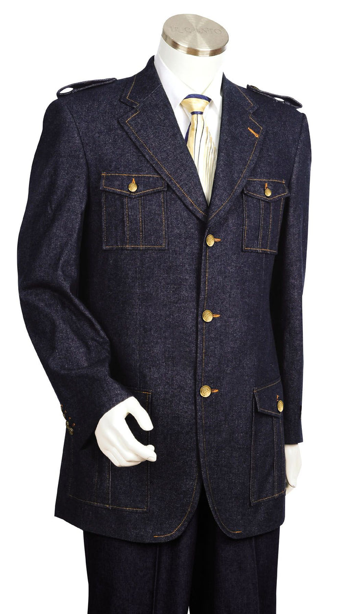 Canto Men's 2 Piece 100% Cotton Denim Military Suit Award Winning Fashion