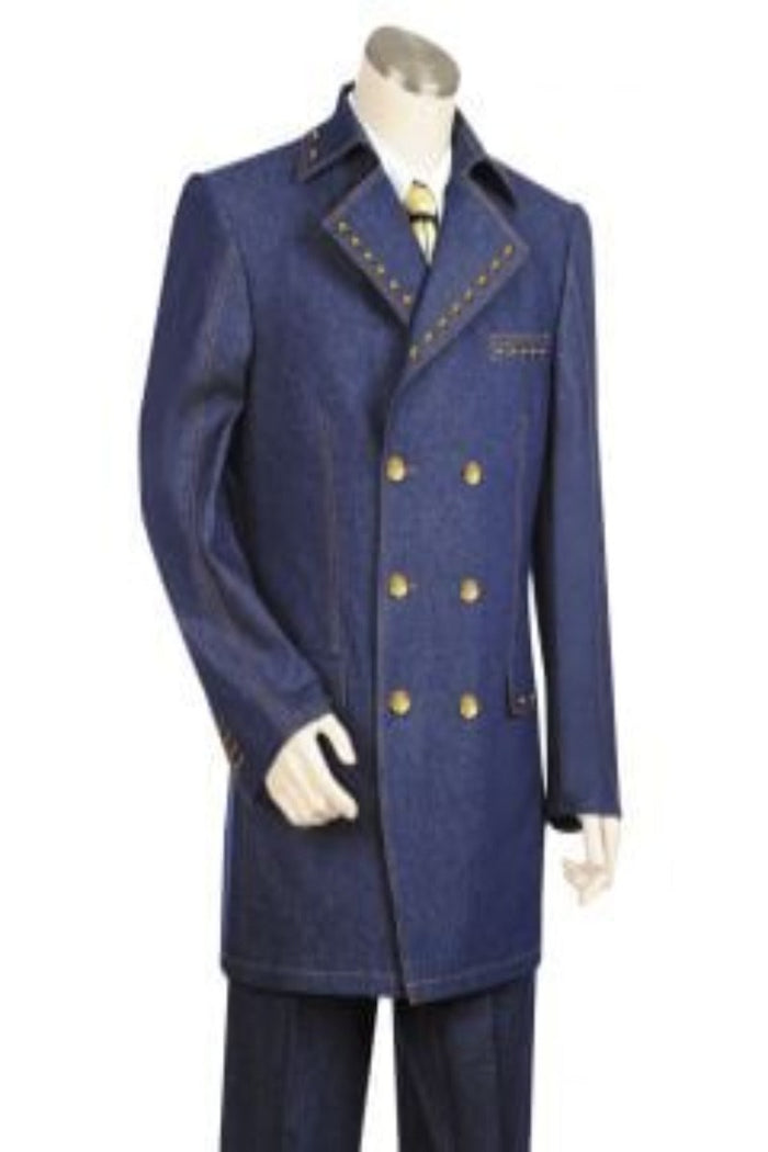 Canto Mens 3Pc Denim Double Breasted Suit with Diamond Details