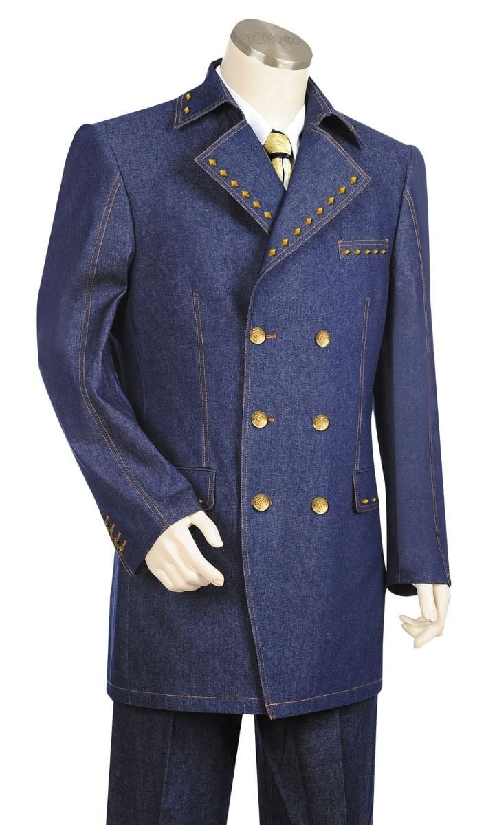 Canto Men's Double Breasted Denim Suit 3 Piece Diamond Details - 38 Short Jacket+32 Waist Adjustable 28to34)(Height: 5 4 to5 7 )(Neck  15-16.5)S-M)