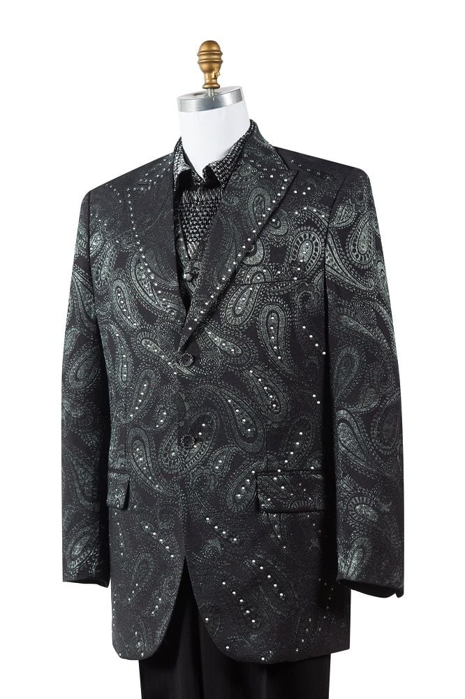 Canto Men's Silk Blend Fashion Suit Rhinestone Paisley 3 Piece Set - 38 Short Jacket+32 Waist Adjustable 28to34)(Height: 5 4 to5 7 )(Neck  15-16.5)S-M)
